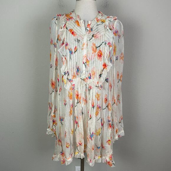 Zadig & Voltaire White Floral Ruffle Rackel Chiffon Long Sleeve Mini Dress Small - Picture 2 of 12